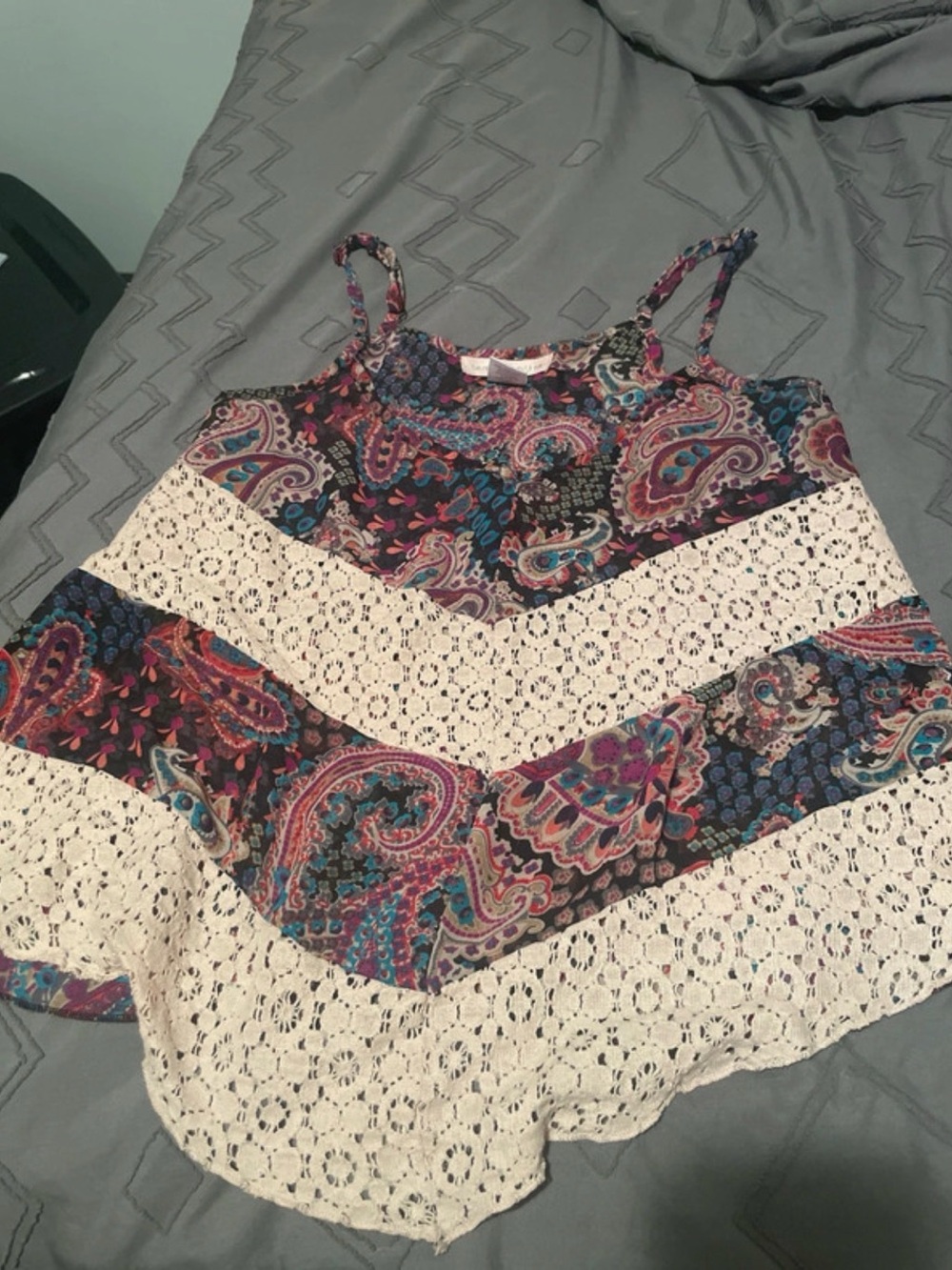 Band of Gypsies Multicolor Paisley Crochet-Trim Tank